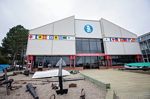 Halifax, Canada - August 30, 2022. Rear exterior shot of the Maritime Museum of the Atlantic, where it meets up with the public boardwalk.