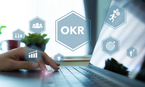 istock OKR text (Objectives, Key and Results) Planning OKR with business goal, process, outcome. Focused on common goals. Achieve business growth by flexible management. Drive business performance growth. 1425407151