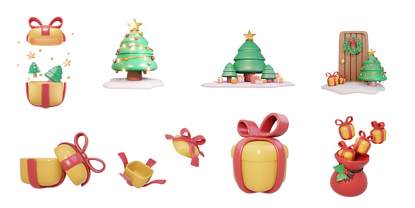 3D Rendering set of Xmas items for card decoration Christmas tree wreath gift concept of Christmas icons isolated on white. 3d render cartoon style.
