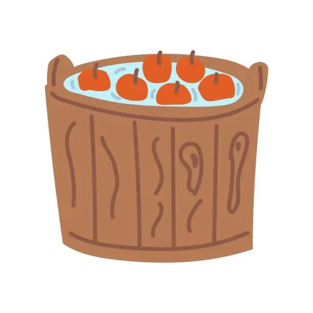 Vector illustration of A barrel with floating apples. Halloween collection. Flat vector illustration