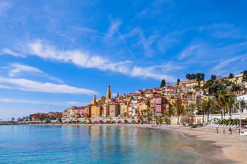 Colorful buildings overlook the sea in Menton, a famous seaside resort on the French Riviera