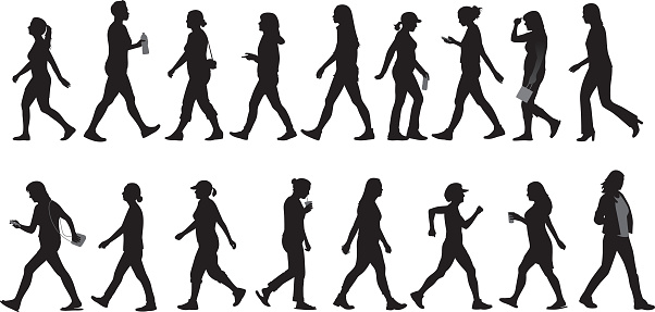 Vector silhouettes of various women walking.