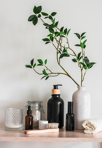 Bathroom interior. Hygiene accessories. Light Scandinavian style