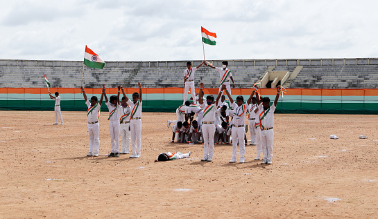 A Picture of School Children presenting a cultural event for the Indian Independence day in Mysore, India.