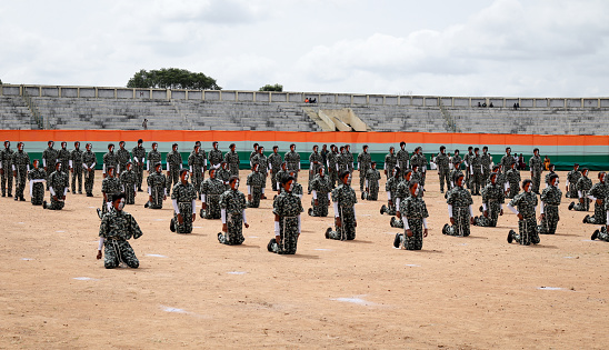 Salvador, Bahia, Brazil - September 07, 2022: Navy soldiers are seen waiting for the start of the Brazilian Independence Day parade in Salvador, Bahia.