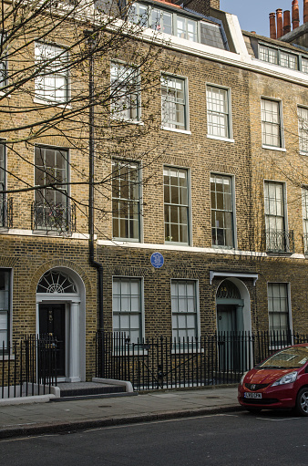 London, UK - March 21, 2022: Historic home of the writers and reformers Vera Brittain and Winifred Holtby in Bloomsbury, Central London.