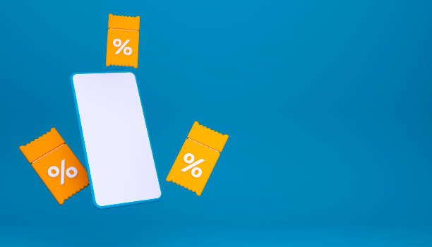 istock Phone with an empty white screen with flying coupons. 3D coupons with discounts. 3d voucher gift. Orange and blue colors. 3d Rendering illustration. 1425423855