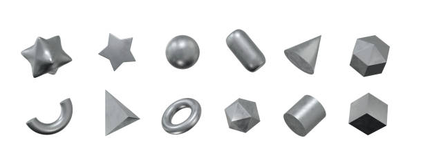 istock 3d set metal shapes: square, cylinder, sphere, pyramid, torus, star, cone, icosphere. Metal simple figures for your design on white isolated background. 3d rendering illustration. 1425424235