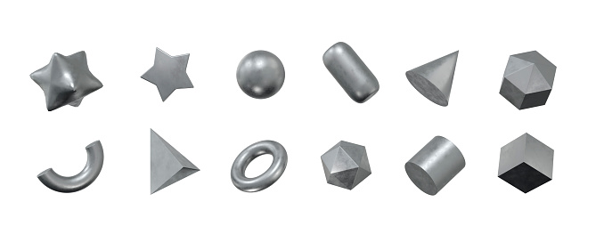3d set metal shapes: square, cylinder, sphere, pyramid, torus, star, cone, icosphere. Metal simple figures for your design on white isolated background. 3d rendering illustration.