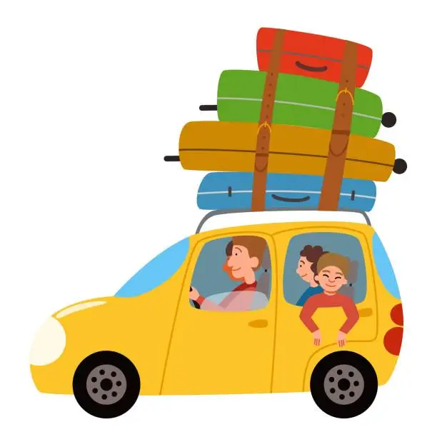 Vector illustration of The family is going to rest by car. A car with a bunch of suitcases on the roof.