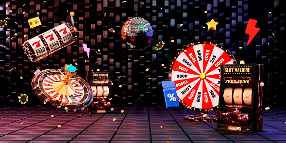 Online casino. 3D realistic roulette wheel and slot machine on black with neon background. 777 Big win concept banner casino. Gambling concept design. 3d rendering illustration