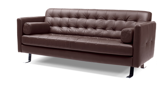 Dark brown leather 2 seater classic lounge sofa, isolated on white, side angle, furniture series