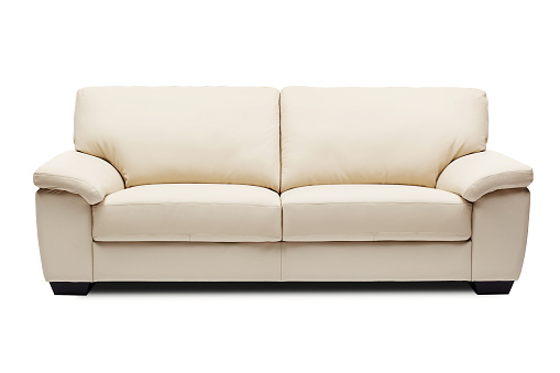 Beige leather 2 seater classic designer sofa, isolated on white, side angle, furniture series