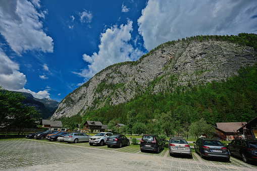 Hallstatt, Austria - May 15, 2022: Car parking Hallstatt.