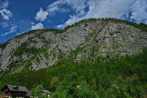 Scenic view of rock at Hallstatt mountain village in the Austrian Alps, Salzkammergut region.