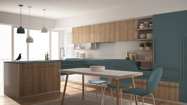 istock Modern minimalistic wooden kitchen with dining table, carpet and panoramic window, white and blue architecture interior design 1425432030