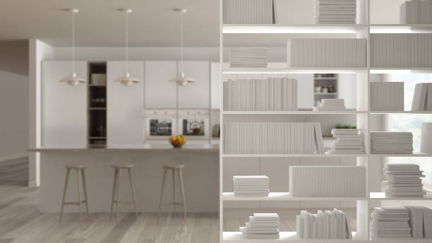 istock Bookshelf close-up, shelving foreground, interior design concept, minimalist kitchen in the background 1425432043