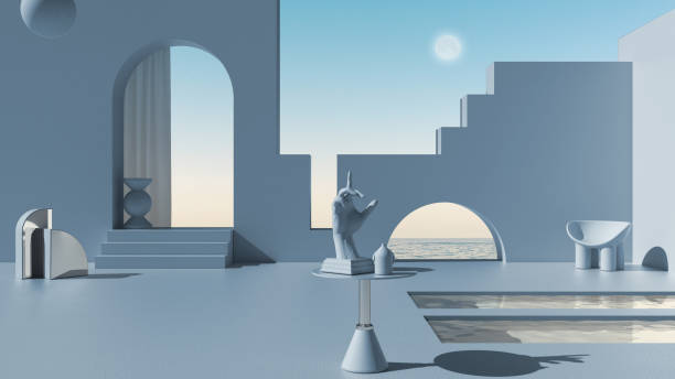 istock Imaginary fictional architecture, dreamlike empty space, design of exterior terrace, concrete blue walls, arched windows, pools, table with hand figurine, sea panorama, scenery 1425432087
