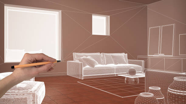 istock Empty white interior with with terracotta tiles floor, white concrete walls, hand drawing custom architecture design, white ink sketch, blueprint showing living room design 1425432091