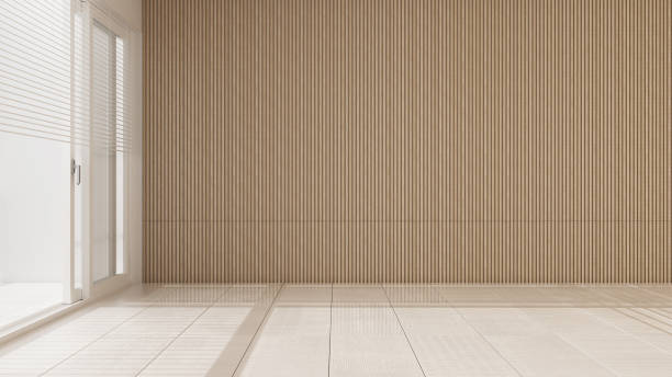 istock Empty room interior design, open space with big panoramic window, marble tiled floor, white and wooden walls, venetian blinds, modern architecture idea 1425432126