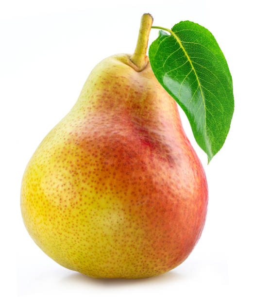 istock Ripe pear with green leaf isolated on white background. 1425432682