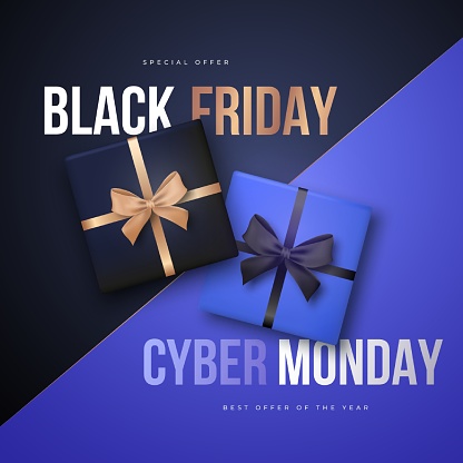 Black friday and Cyber Monday mega Sale. Bright poster for online promotion. Trendy advertising design for social media, web banners, promo flyers, etc.