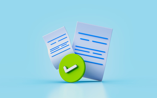 document checkmark sign 3d render concept for official important papers submit approved
