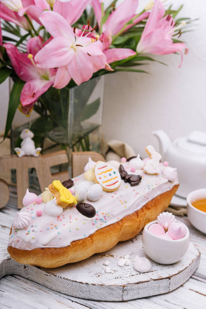 istock Easter cake with meringue decorated with chocolate bunny and eggs 1425436206