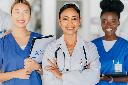 Medical women, team and portrait in hospital with diversity in female doctor and nurse workforce. Professional healthcare treatment staff people with efficient, friendly and expert opinion.
