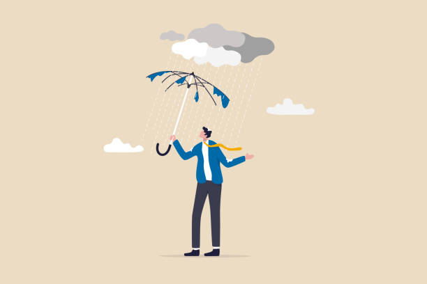 쓸모 없거나 의미없는 노력, 실망, 실수 또는 어려움, 문제 또는 투쟁, 실수 또는 나쁜 결정 개념, 빗속에서 쓸모없는 우산이 부러진 젖은 사업가를 좌절시킵니다. - meaningless stock illustrations