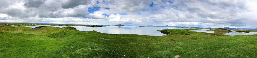 Panoramic view of Skútustadagrig pseudo craters at Lake Myvatn, Northern Iceland