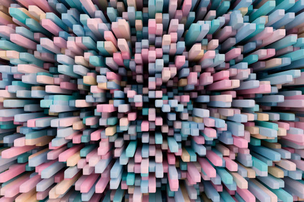 Colorful abstract geometric 3d background with random cubes elements. Pink and green palette of colors. Luxury abstract background. Horizontal size. 3d rendering illustration.