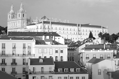 Monochrome Image of Alfama Area with Sao Vicente de Fora Monastery, Lisbon, Portugal