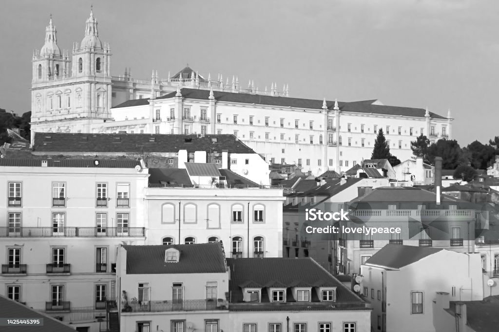 Monochrome Image of Alfama Area with Sao Vicente de Fora Monastery, Lisbon, Portugal Architecture Stock Photo