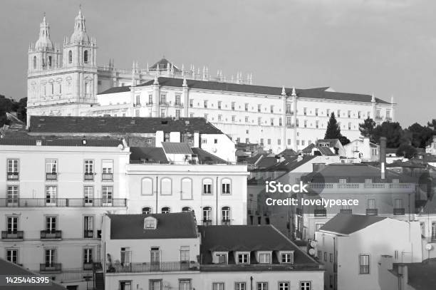 Monochrome Image Of Alfama Area With Sao Vicente De Fora Monastery Lisbon Portugal Stock Photo - Download Image Now