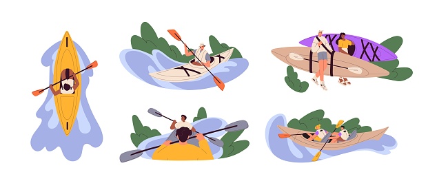 Kayaking sport set. People in boats rowing with paddle. Kayakers men and women on lake, river. Characters during extreme water activity. Flat graphic vector illustrations isolated on white background.