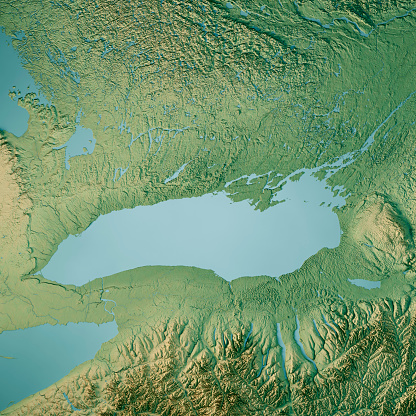 3D Render of a Topographic Map of Lake Ontario. 
All source data is in the public domain.
Color texture: Made with Natural Earth.
http://www.naturalearthdata.com/downloads/10m-raster-data/10m-cross-blend-hypso/
Water texture: SRTM Water Body SWDB: https://dds.cr.usgs.gov/srtm/version2_1/SWBD/
Relief texture: 3DEP data courtesy of USGS The National Map. URL of source image:
https://apps.nationalmap.gov/downloader/