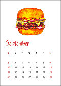 istock calendar sheet for september 2023 american sandwich hamburger with beef patty, cheese, bacon and sauce watercolor illustration 1425450936
