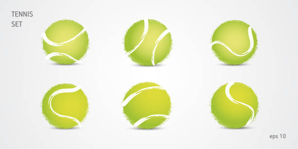 테니스 공 세트, 그런지 손으로 그린 - tennis tennis ball sphere ball stock illustrations