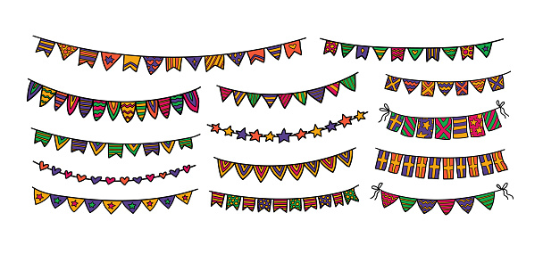 Colorful flag garlands festoon doodle illustration. Holiday festive flag buntings, birthday decor elements, carnival fiesta time. Fun and happy bright celebration. Cartoon style hand drawn vector.