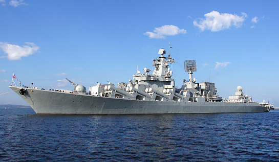 Cruiser Moskva - of guided missile cruisers in the Russian Navy on the parade on Russian Navy Day