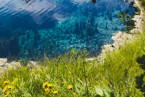 Lake with gray water. Blue lake in Samara region in Russia. Deep pond. Smell of hydrogen sulfide.