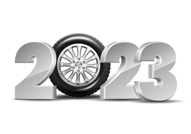 ilustrações de stock, clip art, desenhos animados e ícones de new year numbers 2023 with car tire isolated on white background. - car isolated three dimensional shape white background