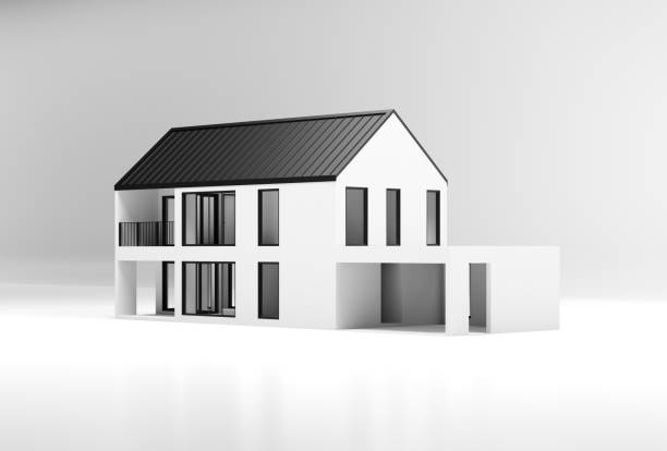 istock Simple house on white floor with grey background. 1425458359