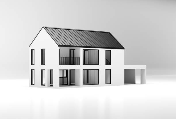 istock Simple house on white floor with grey background. 1425458418