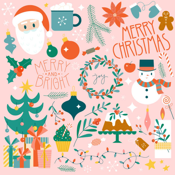 Christmas set of cute flat illustrations. Santa, Xmas tree, gifts and sweet and floral design elements. Christmas set of cute flat illustrations. Santa, Xmas tree, gifts and sweet and floral design elements in retro pinky style. Perfect for greeting cards, invitations, posters. poinsettia christmas candle flower stock illustrations
