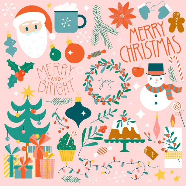 Vector illustration of Christmas set of cute flat illustrations. Santa, Xmas tree, gifts and sweet and floral design elements.
