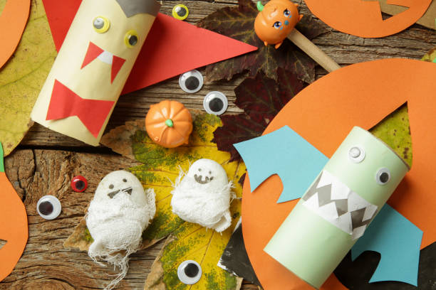 Various kids craft for Halloween decoration. stock photo