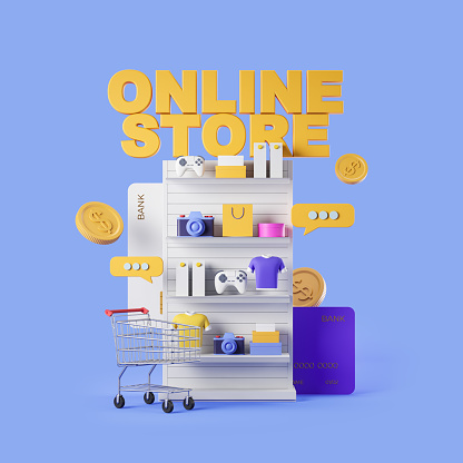 Shelf with products, credit card with floating coins. Shopping cart and chat bubble on blue background. Concept of online shopping. 3D rendering