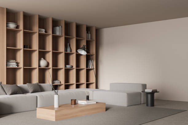 istock Corner view on bright living room interior with empty wall 1425463121